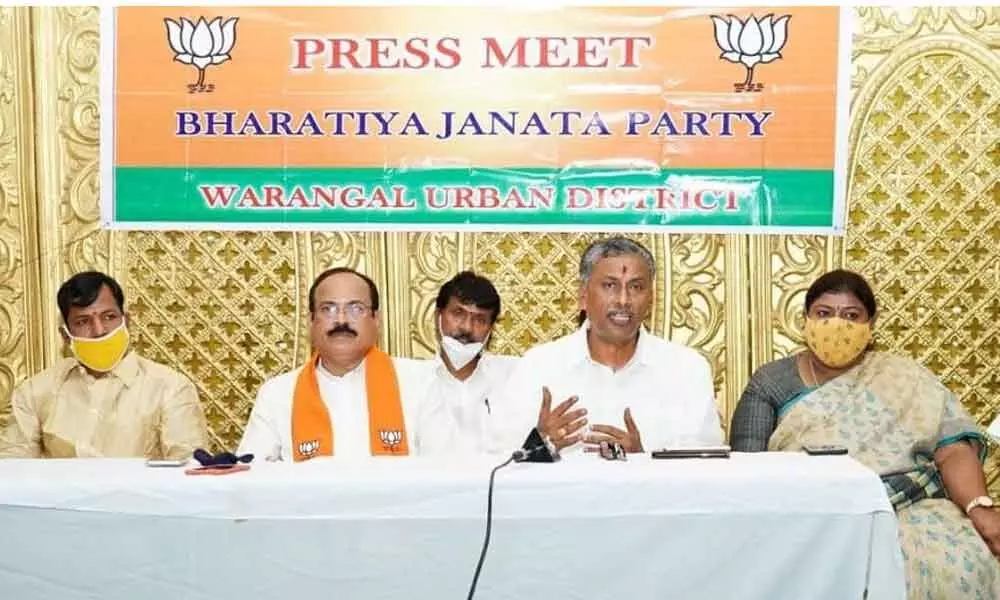 BJP State vice-president NVSS Prabhakar (second from right) speaking at a meeting in Warangal on Friday.  Core Committee member E Peddi Reddy, State General Secretary Bangaru Sruthi and  Edla Ashok Reddy (extreme left) also seen