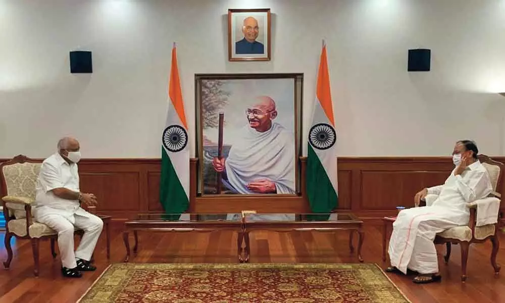 Karnataka Chief Minister B S Yediyurappa on Saturday discussing his government’s plan for Cabinet expansion with Vice-President Venkaiah Naidu in New Delhi. The Chief Minister also put forth certain demands in front of the Vice President