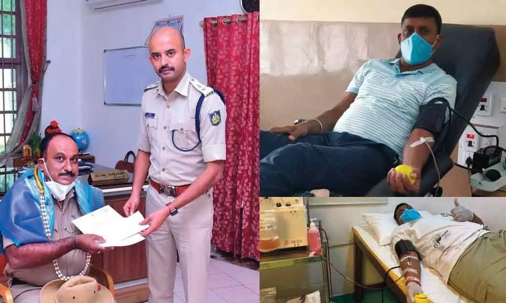 C Mohan, civil head constable at Nanjangud rural police station who was tested positive for Covid-19, had donated plasma(left);  B Raju, second division clerk of health division of Mysore City Corporation (MCC), who donated plasma (Right-top)