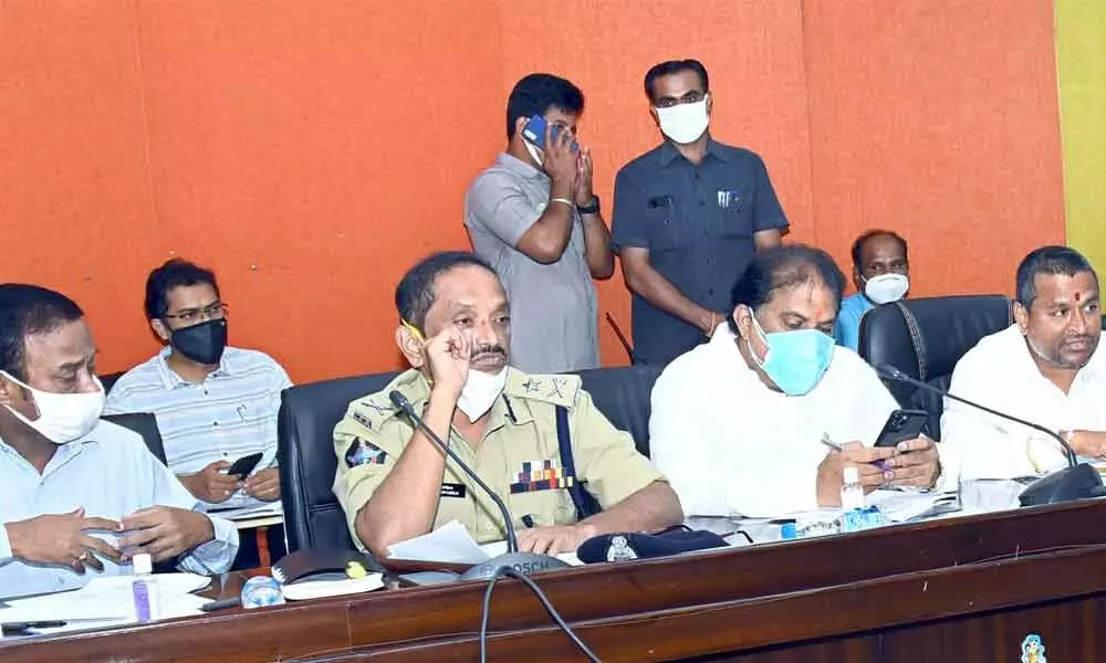 Endowments Minister Vellampalli Srinivasa Rao holding a review meeting on Dasara festival in Vijayawada on Saturday.  ML A and AP Brahmin Corporation chairman Malladi Vishnu, Krishna District Collector Md Imtiaz and others are seen.