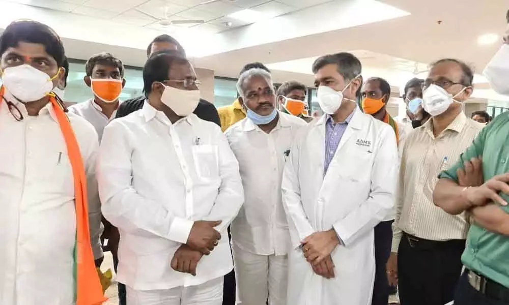 BJP State president Somu Veerraju visiting AIIMS Hospital near Mangalagiri on Saturday