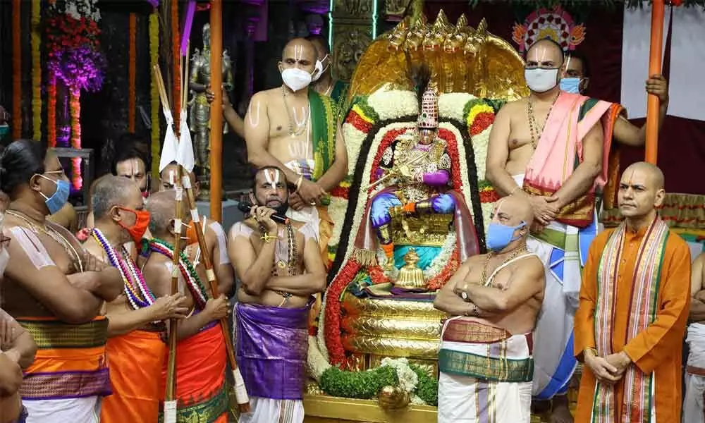 Lord Malayappa Swamy in the guise of ‘Murali Krishnudu’ riding on Chinna Sesha Vahanam at Tirumala on Sunday