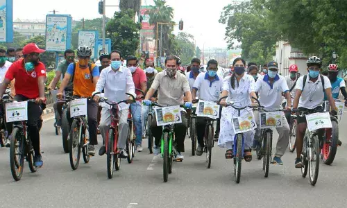 Bicycle rally as part of the India Cycles 4 Change Challenge in Hanamkonda on Sunday.