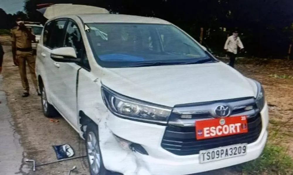 Damaged escort vehicle of Minister P Ajay Kumar that was hit by a bike on the outskirts of Chivvemla on Monday