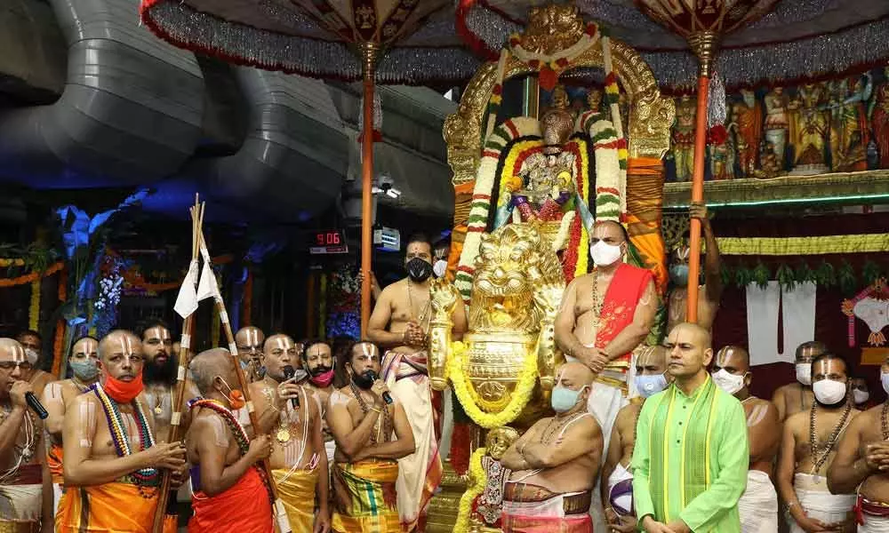Sri Malayappa Swamy Simha Vahanam on the third day Brahmotsavalu at Tirumala on Monday