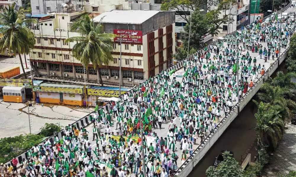 Karnataka State Farmers Association members take part in a protest rally against the State Government over their various demands, in Bengaluru on Monday