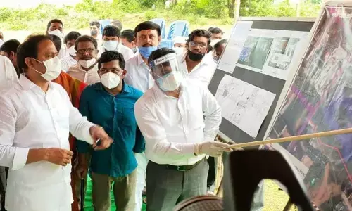 Dy CM SKLM: Deputy Chief Ministers, Alla Kalikrishna Srinivas, Dharmana Krishna Das and Pamula Pushpasreevani verifying site maps at Sitampeta