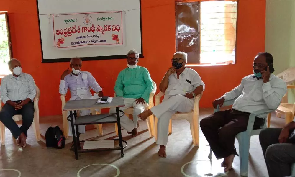 Members of Gandhi Smaraka Nidhi discussing on arrangements for Gandhi Jayanthi in Vizianagaram on Tuesday
