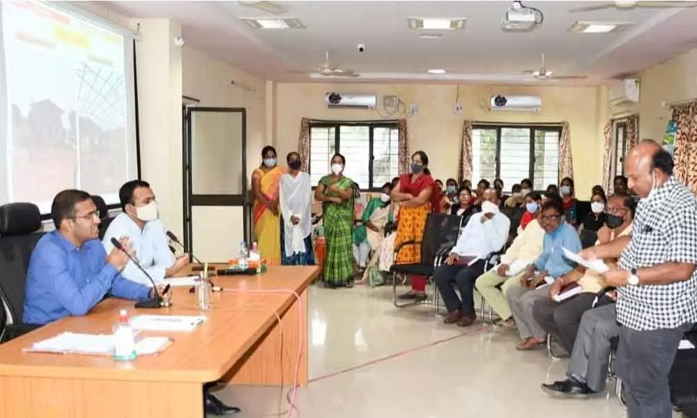 District Collector Musharraf Ali Faruqui addressing district officials on the progress of Palle Pragathi works at a meeting at the Collectorate in Nirmal on Tuesday