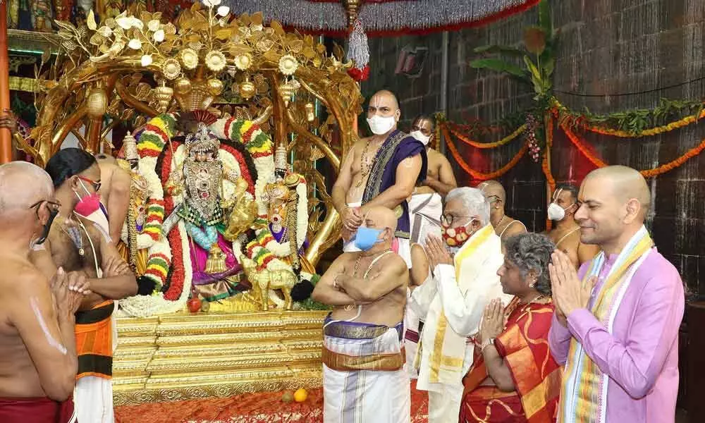 Malayappa Swamy on Kalpavruksha vahanam on the fourth day of Brahmotsavam at Tirumala on Tuesday