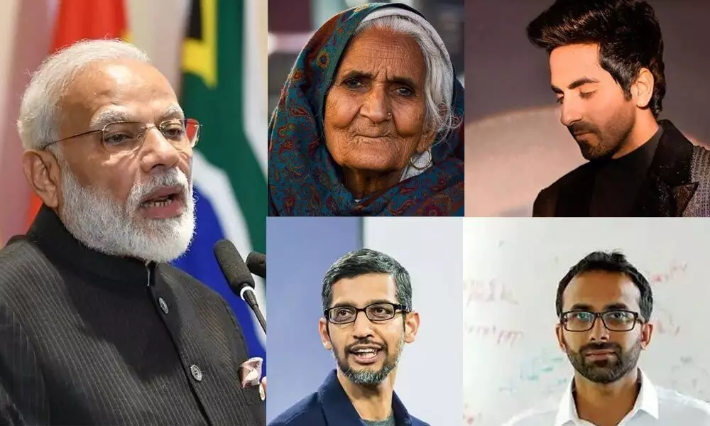PM Modi, Bilkis, Sundar Pichai, Prof Ravindra Gupta and Ayushman Khurrana
