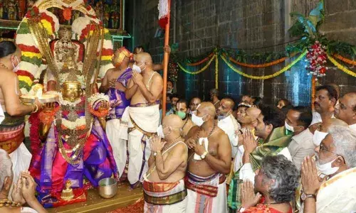 CM YS Jagan after presenting silk vastrams to Lord Venkateswara  in Tirumala