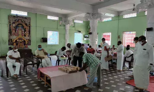 Hundi counting in progress at Sri Veera Venkata Satyanarayana Swamy Temple at Annavaram  on Wednesday