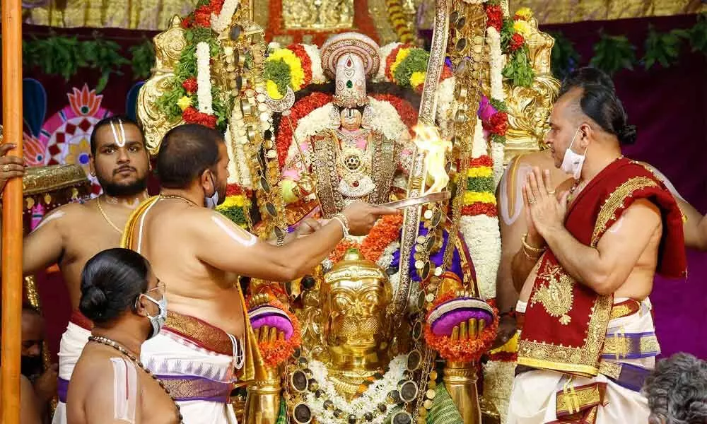 Lord Malayappa Swamy rides Hanumantha Vahanam as Venkatadri Ramudu as part of Brahmotsavams at Tirumala on Thursday