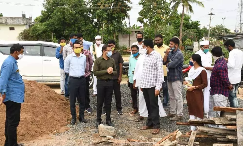 District Collector Musharraf Ali Farooqui inspecting the construction of rythu vedika building at Itikyal village on Friday