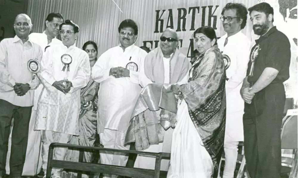 The singer seen at a function in Chennai with the then Chief Minister M Karunanidhi, Kamal Haasan, Rajinikanth, Lata Mangeshkhar and other dignitaries