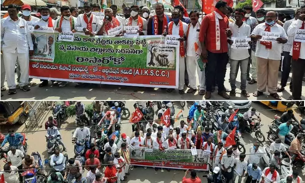 Leaders of Left parties staging road blockade at Noonapalli in Nandyal on Thursday (top); Traffic crippled with road blockade in Nandyal (bottom)