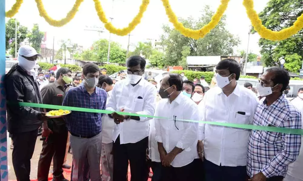 Minister for Transport Puvvada Ajay Kumar inaugurating the modern toilets in Khammam town on Saturday