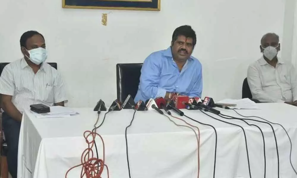 Tourism Minister Muttamsetti Srinivasa Rao speaking at a press conference in Visakhapatnam on Sunday