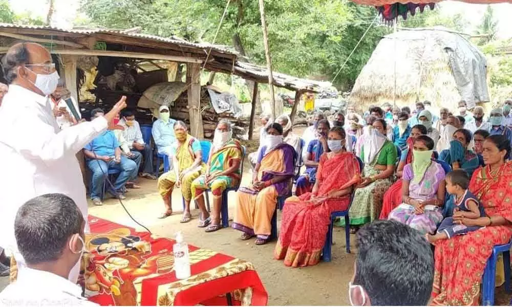 Former MLA and BJP leader Revuri Prakash Reddy speaking at a meeting in Khanapuram in Warangal Rural district on Sunday