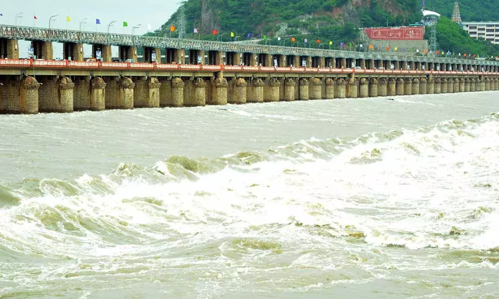 Krishna water released from Prakasam Barrage in Vijayawada on Sunday