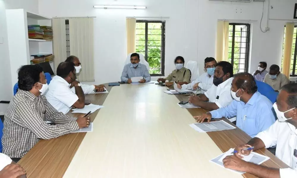 District Collector Dr A Sharath holding a preparatory meeting for protocols to be followed during local body MLC elections, here on Monday