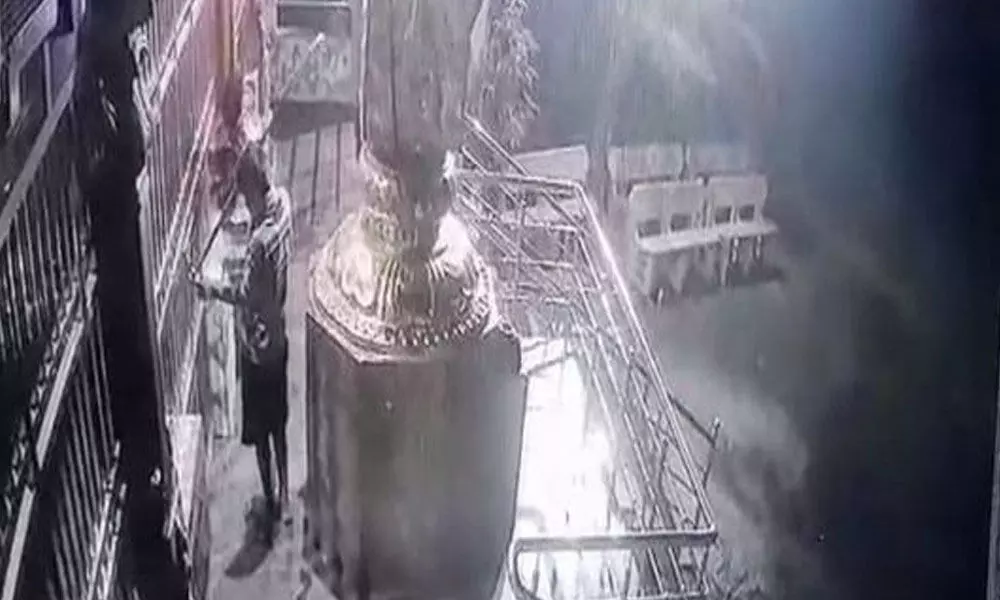 CC TV footage of thieves committing theft at  Anjaneya Swamy temple at Nallajerla in West Godavari district on Sept 26 night