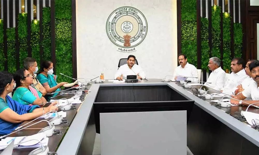 Y S Jagan Mohan Reddy addressing a videoconference with District Collectors and SPs as part of Spandana