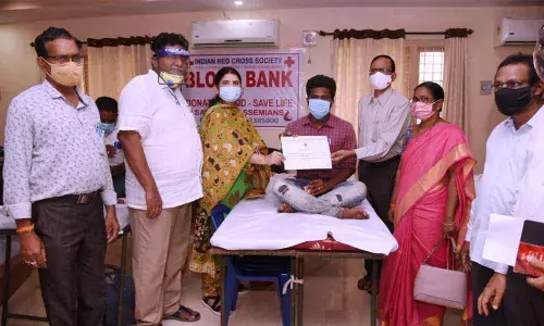 Joint Collector G Raja Kumari at a blood donation camp of Red Cross Society in Kakinada on Tuesday