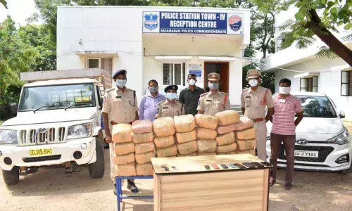 Police showing the seized marijuana in Nizamabad on Tuesday