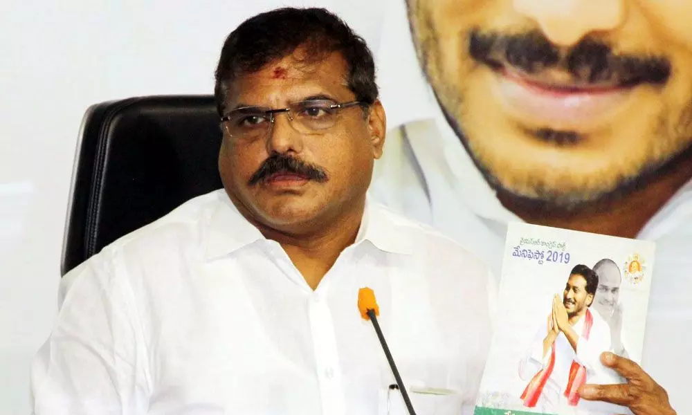 Minister for Municipal Administration  Botsa Satyanarayana addressing the press conference at YSRCP Central Office in  Tadepalli on Wednesday