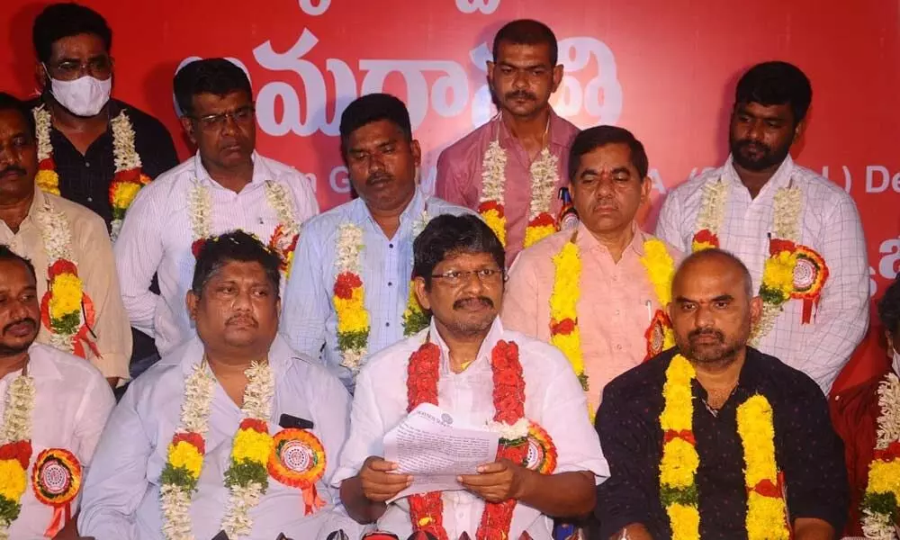 The newly-elected office bearers of AP Revenue Services Association being felicitated in Vijayawada on Saturday