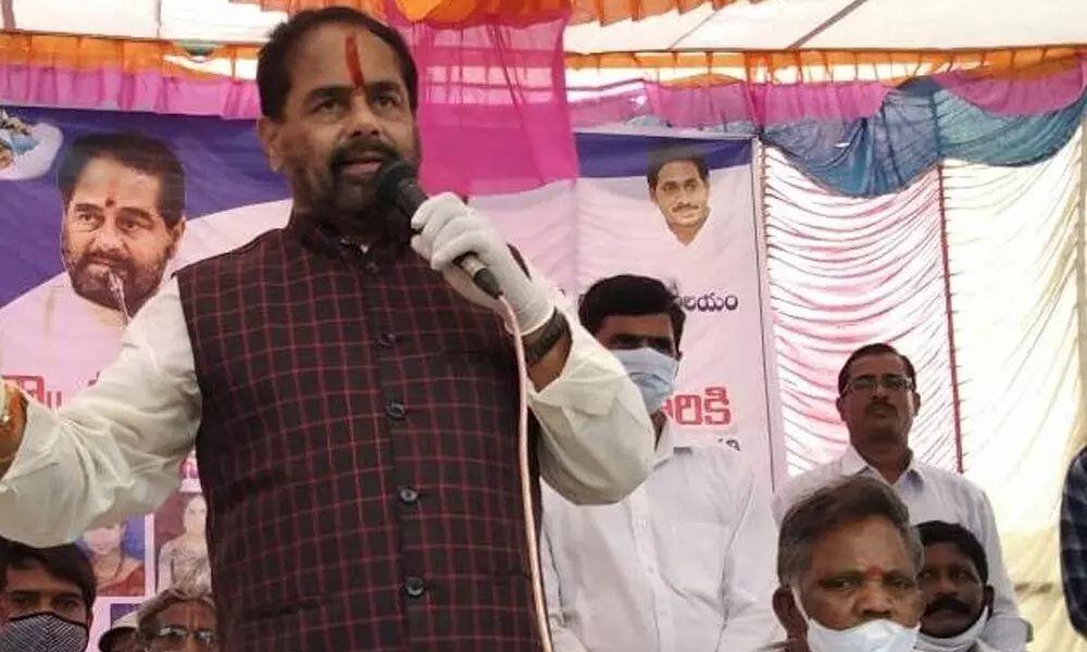 Assembly Speaker Tammineni Sitaram addressing a gathering after launching various works at Thadivalasa village in Srikakulam district on Saturday