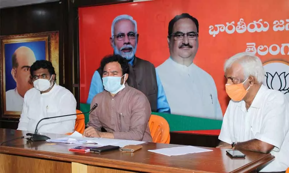 Union Minister of State for Home Affairs G Kishan Reddy addressing press meet in Hyderabad on Monday