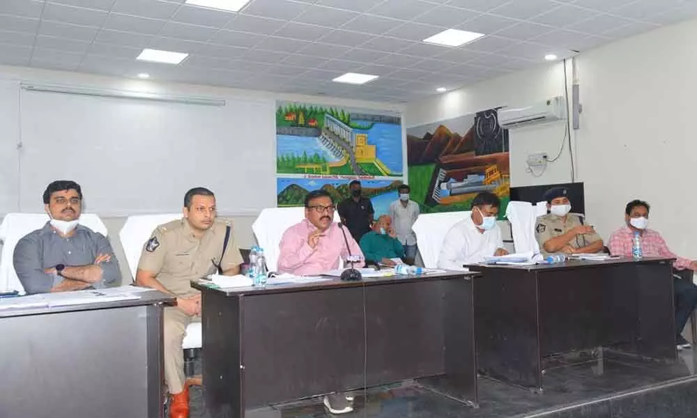 Prakasam District Collector Dr Pola Bhaskara speaking at a meeting with the revenue and police officials in Ongole on Tuesday