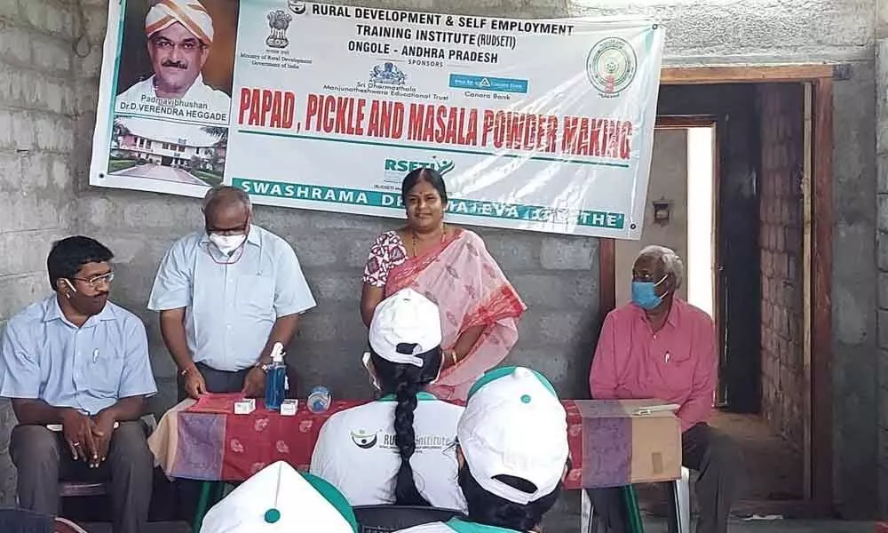 DTC Krishnaveni speaking after inaugurating a training programme organised by RUDSETI Ongole in Tallur on Tuesday