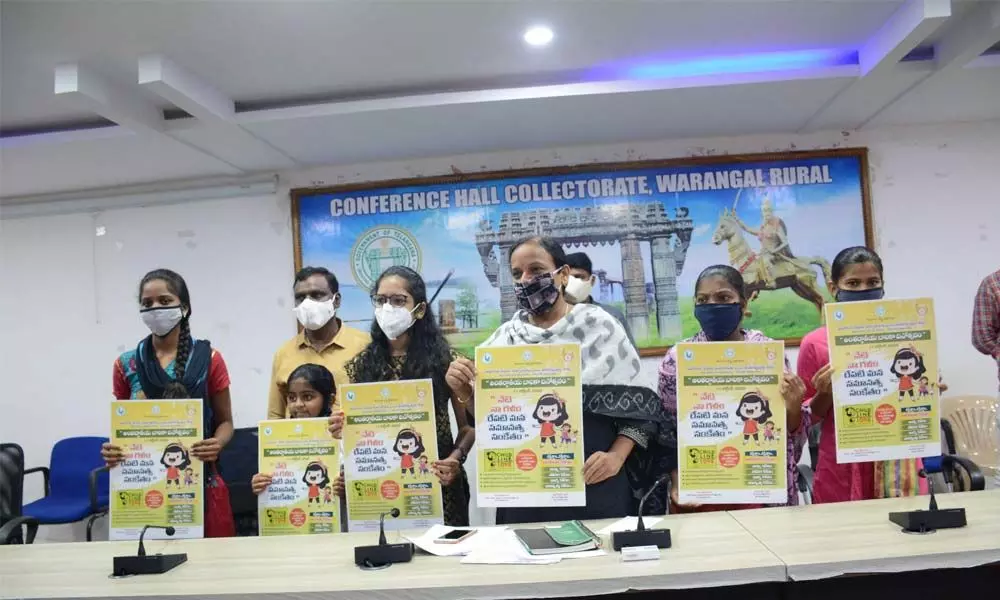 Rural District Collector M Haritha launching the My Voice, Our Equal Future posters – the theme of the International Day of Girl Child 2020 in Warangal  on Saturday