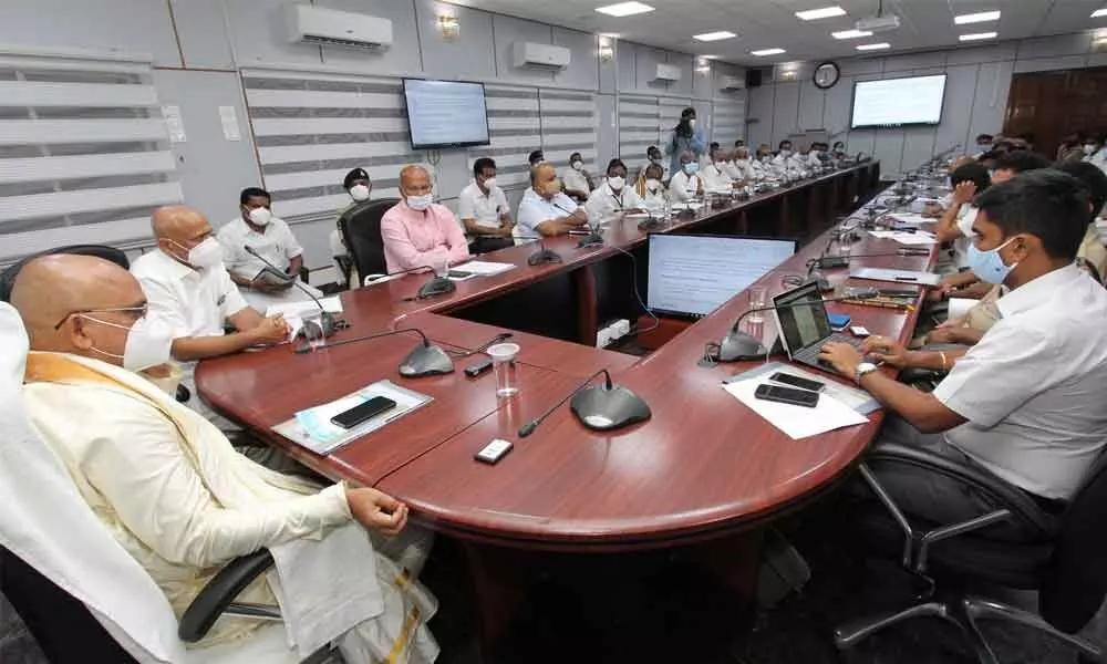 TTD new Executive Officer Dr K S Jawahar Reddy conducting a review meeting with heads of departments and other officials at Annamaiah Bhavan in Tirumala on Saturday