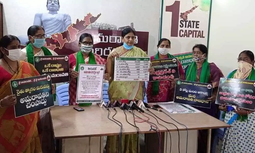 Women Joint Action Committee leaders of Amaravati Parirakshana Samiti V Durga Bhavani, Sunkara Padmasri, Chennupati Usha Rani, Badita Padma and others releasing the posters in Vijayawada on Saturday