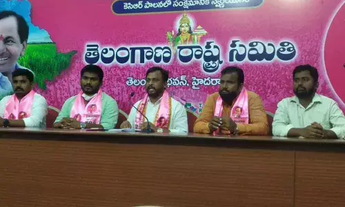 TRSV president Gellu Srinivas Yadav and others addressing press conference in Hyderabad on Saturday