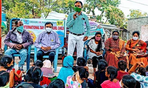 CWC Chairperson Mandala Parashramulu speaking at a programme as part of ‘International Day of Girl Child’ in Warangal on Sunday