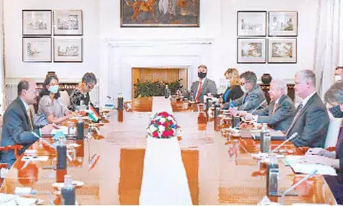 Foreign Secretary of India Harsh V Shringla and diplomat Vani Rao with US Ambassador to India Ken Juster and US Deputy Secretary of State Stephen E Biegun, during a meeting in New Delhi on Tuesday