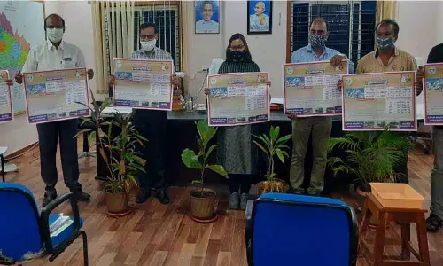 District Collector Anita Ramachandran along with Additional Collector Srinivas Reddy releasing a poster of MSP of paddy and cotton at her chambers in Bhongir on Tuesday