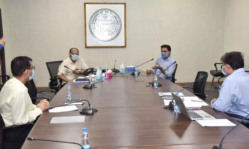 Municipal Administration Minister KT Rama Rao holding a review meeting with  Chief Secretary Somesh Kumar and other officials in Hyderabad on Thursday