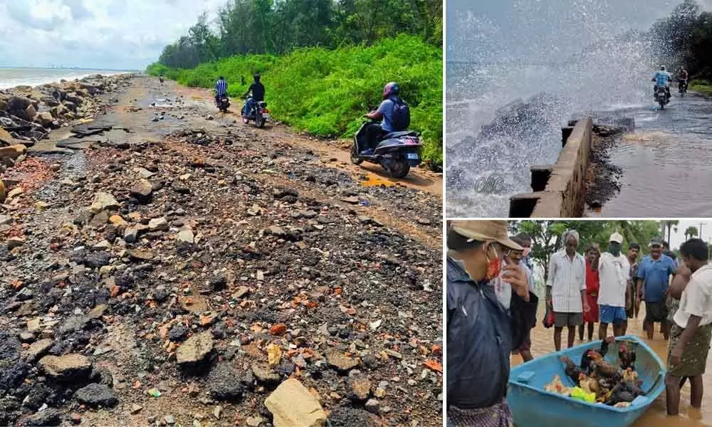 The badly damaged Kakinada-Uppada road(Left); Rough sea at Kakinada shore and waves touch Kakinada-Uppada road (Right-Top); Poultry being shifted to safer place in local boat at Domada village of Pedapudi mandal (Right-Bottom)