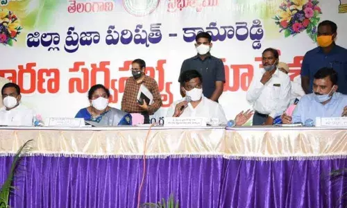 R&B Minister V Prashanth Reddy speaking at ZP general body meeting at ESR Garden in Kamareddy