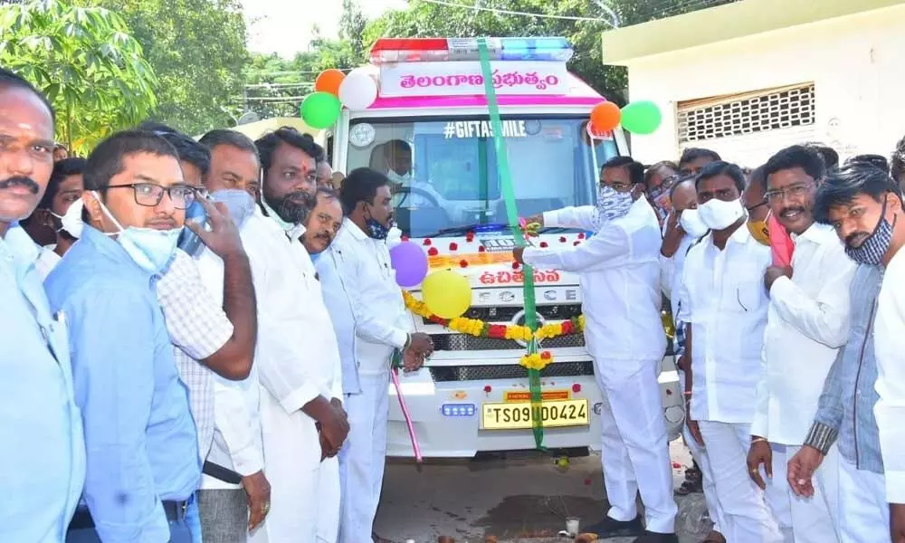 Agricultre Minister Singireddy Niranjan Reddy gifting an ambulance to district hospital in Wanaparthy on Friday