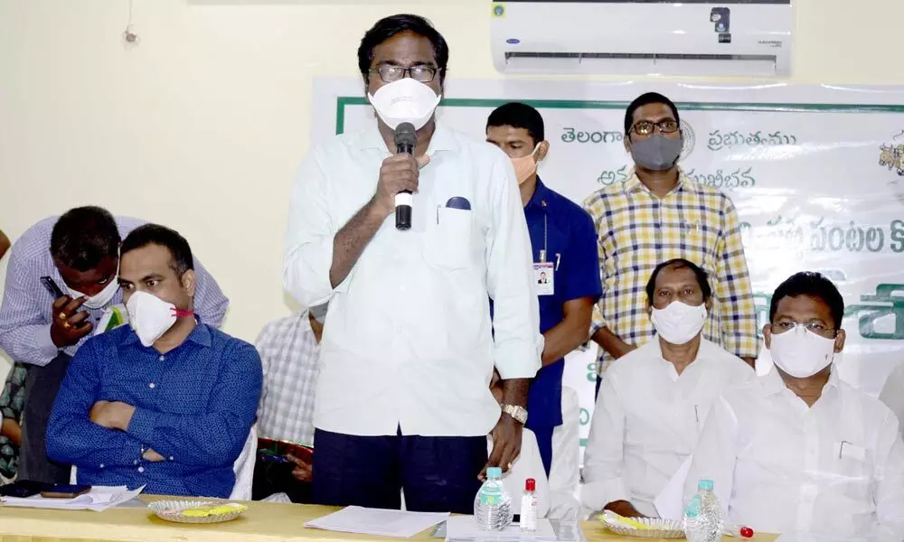 Transport Minister Puvvada Ajay Kumar speaking at a review meeting at DPRC meeting hall in Khammam on Friday