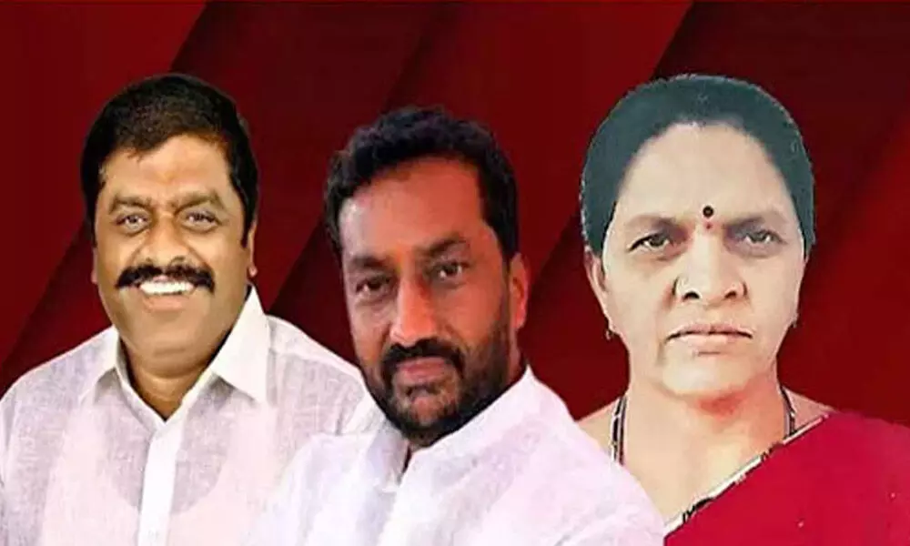 Cheruku Srinivas Reddy (Congress), M Raghunandan Rao (BJP) and Solipeta Sujatha (TRS),
