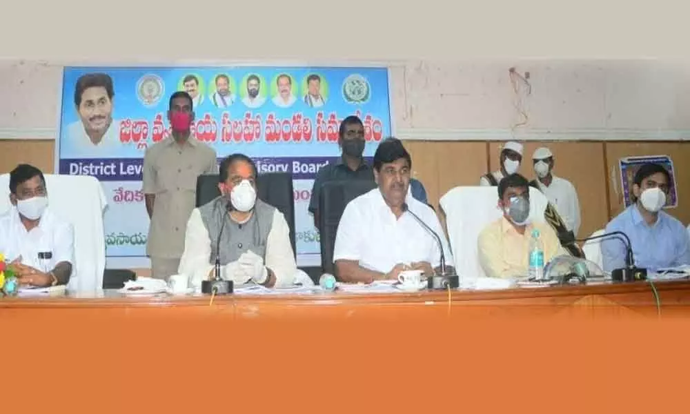 Deputy Chief Minister D Krishna Das (3rd from right) and Assembly Speaker Tammineni Sitaram (2nd from left) participating in Agriculture Advisory Board meeting in Srikakulam on Friday